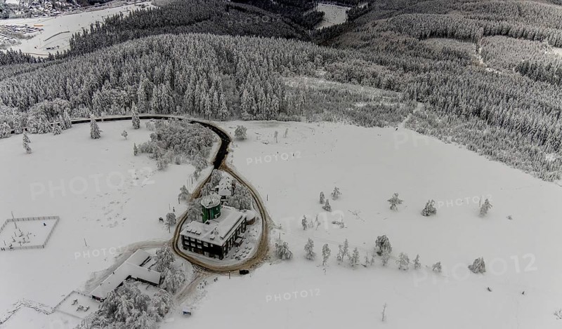 Aerial view of the snowy winter landscape of Winterberg am Kahlen Asten with Astenturm during Corona times in Sauerland in North Rhine-Westphalia, Germany, Sauerland, Europe, aerial view, birds-eyes view, aerial photography, aerial photography, overview, bird's eye view, lockdown, closed winter landscape, corona lockdown, deserted, snow, winter weather, corona-related lockdown, high heath in winter