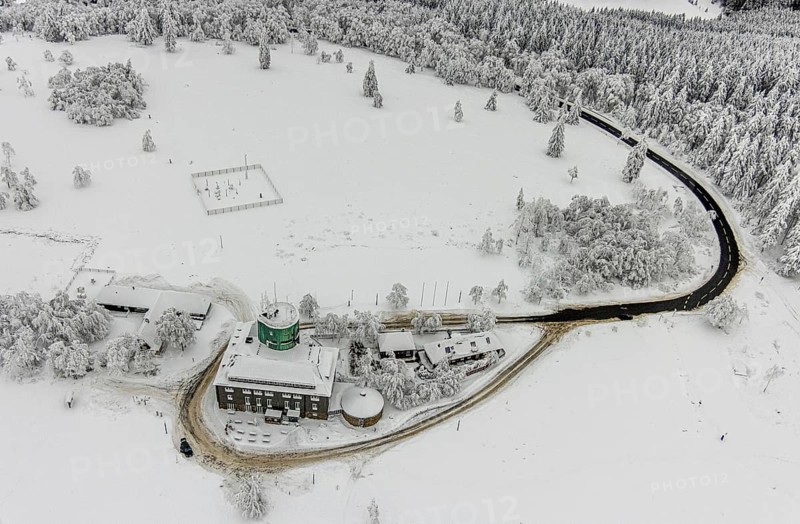Aerial view of the snowy winter landscape of Winterberg am Kahlen Asten with Astenturm during Corona times in Sauerland in North Rhine-Westphalia, Germany, Sauerland, Europe, aerial view, birds-eyes view, aerial photography, aerial photography, overview, bird's eye view, lockdown, closed winter landscape, corona lockdown, deserted, snow, winter weather, corona-related lockdown, high heath in winter