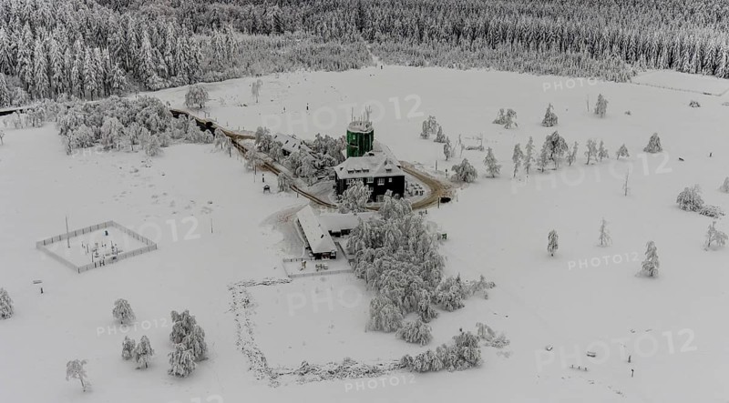 Aerial view of the snowy winter landscape of Winterberg am Kahlen Asten with Astenturm during Corona times in Sauerland in North Rhine-Westphalia, Germany, Sauerland, Europe, aerial view, birds-eyes view, aerial photography, aerial photography, overview, bird's eye view, lockdown, closed winter landscape, corona lockdown, deserted, snow, winter weather, corona-related lockdown, high heath in winter