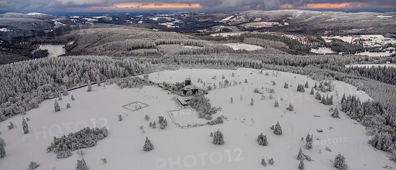 Aerial view of the snowy winter landscape of Winterberg am Kahlen Asten with Astenturm during Corona times in Sauerland in North Rhine-Westphalia, Germany, Sauerland, Europe, aerial view, birds-eyes view, aerial photography, aerial photography, overview, bird's eye view, lockdown, closed winter landscape, corona lockdown, deserted, snow, winter weather, corona-related lockdown, high heath in winter