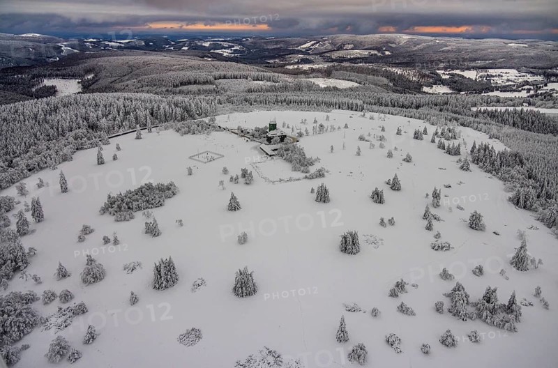 Aerial view of the snowy winter landscape of Winterberg am Kahlen Asten with Astenturm during Corona times in Sauerland in North Rhine-Westphalia, Germany, Sauerland, Europe, aerial view, birds-eyes view, aerial photography, aerial photography, overview, bird's eye view, lockdown, closed winter landscape, corona lockdown, deserted, snow, winter weather, corona-related lockdown, high heath in winter