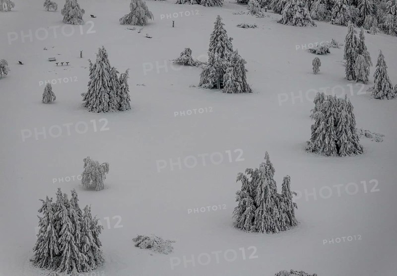 Aerial view of the snowy winter landscape of Winterberg below the Kahler Asten with snow-covered trees and firs in the Sauerland in North Rhine-Westphalia, Germany, Sauerland, Europe, aerial photo, birds-eyes view, aerial photography, aerial photography, overview, bird's eye view, lockdown, closed winter landscape, corona lockdown, deserted, snow, winter weather, corona-related lockdown, high heath in winter