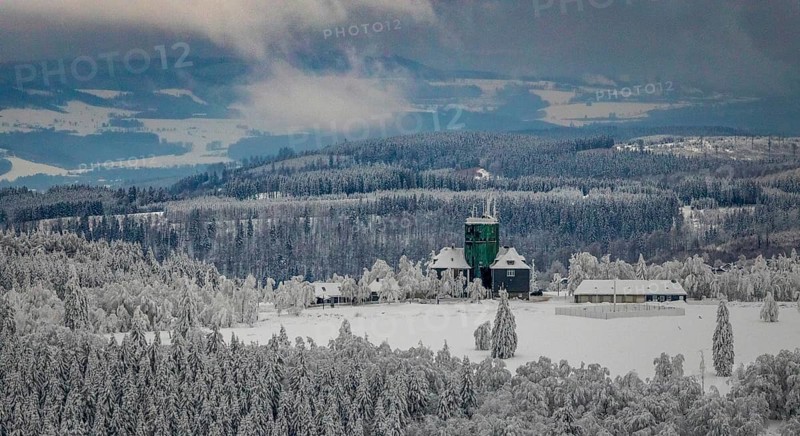 Aerial view of the snowy winter landscape of Winterberg am Kahlen Asten with Astenturm in times of Corona in Sauerland in North Rhine-Westphalia, Germany, Sauerland, Europe, aerial photo, birds-eyes view, aerial photography, aerial photography, overview, bird's eye view, lockdown, closed winter landscape, corona lockdown, deserted, snow, winter weather, corona-related lockdown