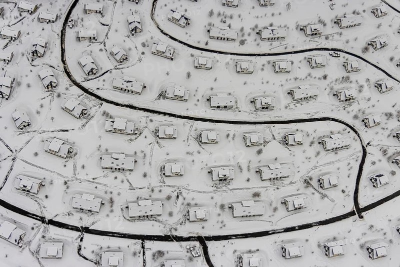 Aerial view of the snowy winter landscape of Winterberg with the deserted Landal Winterberg holiday resort in the Corona Lockdown in Sauerland in North Rhine-Westphalia, Germany, Sauerland, Europe, aerial photo, birds-eyes view, aerial photography, aerial photography, overview, bird's eye view, lockdown, closed winter landscape, corona lockdown, deserted, snow, winter weather, corona-related lockdown