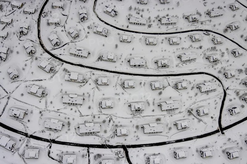 Aerial view of the snowy winter landscape of Winterberg with the deserted Landal Winterberg holiday resort in the Corona Lockdown in Sauerland in North Rhine-Westphalia, Germany, Sauerland, Europe, aerial photo, birds-eyes view, aerial photography, aerial photography, overview, bird's eye view, lockdown, closed winter landscape, corona lockdown, deserted, snow, winter weather, corona-related lockdown