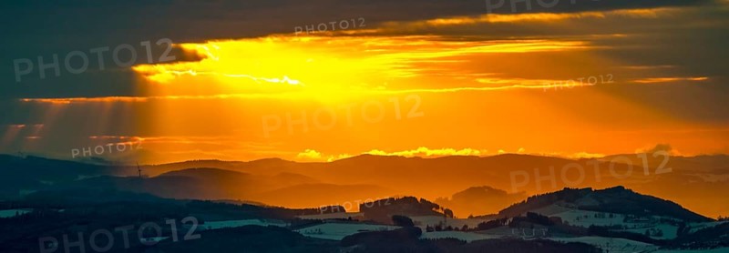 Aerial view of the sunset with a view over the snowy winter landscape from Winterberg to the Bergisches Land in Sauerland in North Rhine-Westphalia, Germany, Sauerland, Europe, aerial view, birds-eyes view, aerial photography, aerial photography, overview, bird's eye view, lockdown, closed winter landscape, corona lockdown, deserted, snow, winter weather, corona-related lockdown