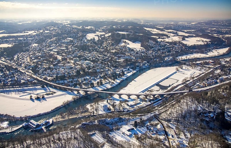 Aerial view, Ruhr river, Ruhr viaduct Witten, Hohenstein hydroelectric power station, Witten, Ruhr area, North Rhine-Westphalia, Germany, bridge, DE, railway bridge, Europe, hilly landscape, aerial view, aerial photography, aerial photography, snow, sight, overview, bird's eye view, winter, winterfall, birds-eyes view, overview