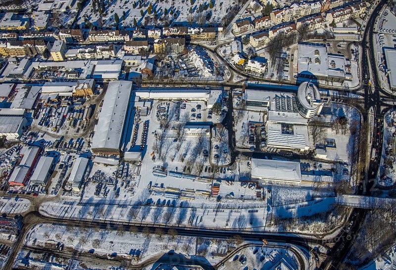 Aerial photo, Stadtwerke Witten, Witten, Ruhr area, North Rhine-Westphalia, Germany, DE, energy supplier, energy provider, Europe, aerial photo, aerial photography, aerial photography, snow, overview, bird's-eye view, Westfalenstraße, winter, onset of winter, birds-eyes view, overview