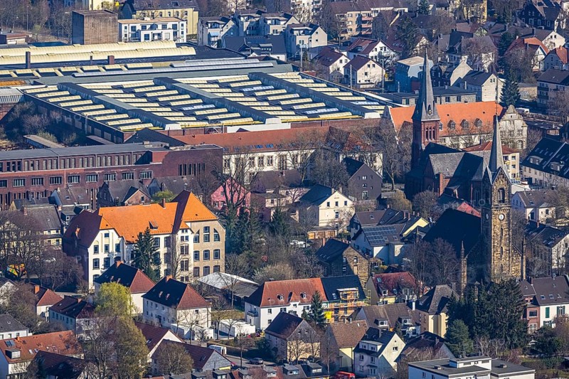 Aerial view, view of Witten-Annen, catholic church St. Joseph, evang. Erlöserkirche, Freiligrathschule, old building Witten Herdecke University, SMS group Maschinenbau, Annen, Witten, Ruhr area, North Rhine-Westphalia, Germany, place of worship, education, educational institution, DE, Europe, commercial enterprises, commercial area, industrial estate, industrial park, commercial site, commercial use, religious community, place of worship, primary school, secondary school, holy place, industrial area, industrial building, industrial site, church, parish, denomination, educational institute, aerial view, aerial photography, aerial photography, religion, religious site, school, overview, bird's-eye view, birds-eyes view, overview