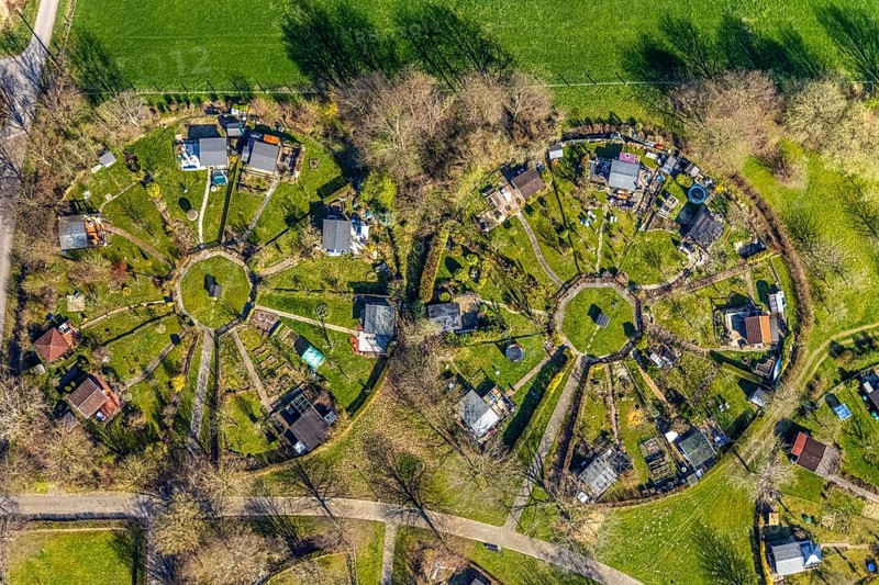 Aerial view, allotment garden association Am Heuweg, Stockum, Witten, Ruhr area, North Rhine-Westphalia, Germany, DE, Europe, shapes and colours, community garden, allotment garden, allotment garden site, allotment garden association, aerial view, aerial photography, aerial photography, allotment garden, overview, bird's-eye view, overview, circles, circular allotment gardens, allotment gardens, green clod