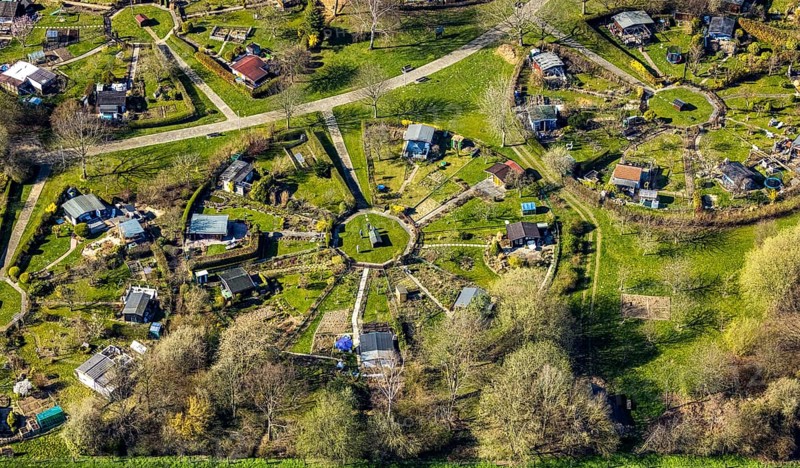 Aerial view, allotment garden association Am Heuweg, Stockum, Witten, Ruhr area, North Rhine-Westphalia, Germany, DE, Europe, shapes and colours, community garden, allotment garden, allotment garden site, allotment garden association, aerial view, aerial photography, aerial photography, allotment garden, overview, bird's-eye view, overview, circles, circular allotment gardens, allotment gardens, green clod