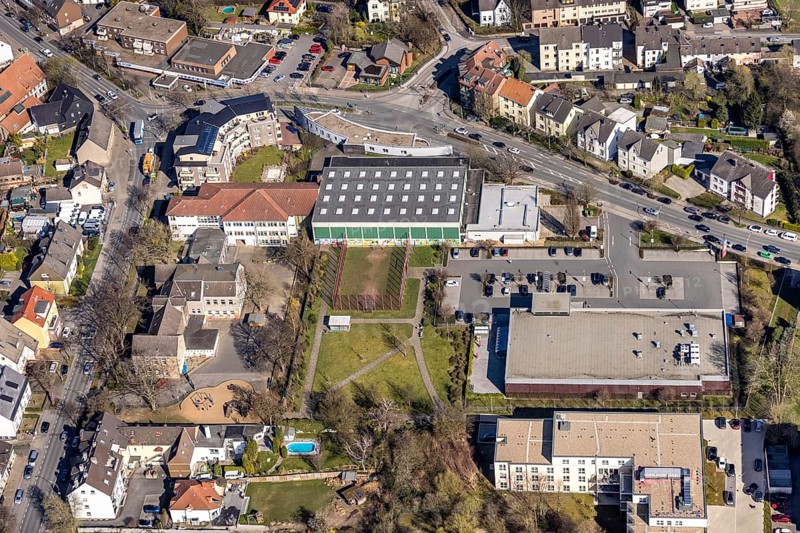 Aerial view, Pferdebachstraße corner Hörder Straße, Harkortschule and sports hall, Edeka supermarket, Stockum, Witten, Ruhr area, North Rhine-Westphalia, Germany, education, educational institution, DE, shopping centre, Europe, primary school, educational institute, aerial view, aerial photography, aerial photography, local supply centre, school, overview, bird's-eye view, overview