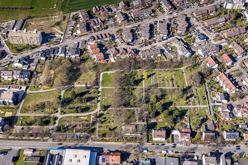 Aerial photograph, Stockum cemetery, Hörder Straße, Stockum, Witten, Ruhr area, North Rhine-Westphalia, Germany, burial site, DE, Europe, cemetery, memorial, Gottesacker, graves, burial ground, aerial photograph, aerial photography, aerial photography, resting place, overview, bird's-eye view, overview