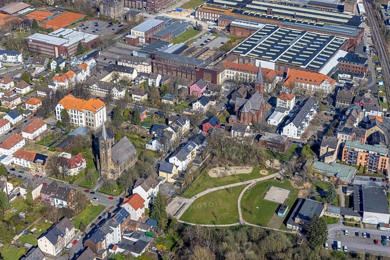 Aerial view, view of Witten-Annen, catholic church St. Joseph, evang. Erlöserkirche, Freiligrathschule, Park der Generationen, old building Witten Herdecke University, SMS group Maschinenbau, Annen, Witten, Ruhr area, North Rhine-Westphalia, Germany, place of worship, education, educational institution, DE, Europe, commercial enterprises, commercial area, industrial estate, industrial park, commercial location, commercial use, religious community, place of worship, primary school, secondary school, holy place, industrial area, industrial building, industrial site, church, parish, denomination, educational institute, aerial view, aerial photography, aerial photography, religion, religious site, school, overview, bird's-eye view, birds-eyes view, overview