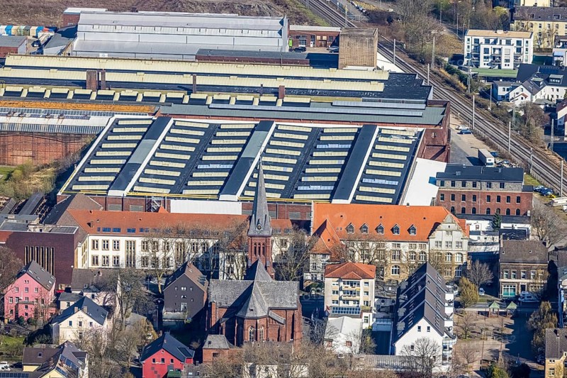 Aerial view, local view Witten-Annen, catholic church St. Joseph, old building, University of Witten Herdecke, SMS group Maschinenbau, Annen, Witten, Ruhr area, North Rhine-Westphalia, Germany, place of worship, DE, Europe, commercial enterprises, commercial area, commercial park, commercial location, commercial use, religious community, place of worship, holy place, industrial area, industrial building, industrial location, church, parish, denomination, aerial photograph, aerial photography, aerial photography, religion, religious site, overview, bird's-eye view, bird's-eye view, overview