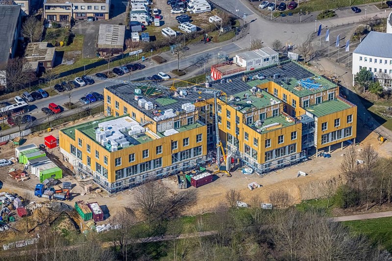 Aerial view, University of Witten / Herdecke, construction site new campus extension in timber construction, Annen, Witten, Ruhr area, North Rhine-Westphalia, Germany, construction work, construction area, building site, building plots, construction project, construction site, DE, Europe, timber construction, aerial photograph, aerial photography, aerial photography, new building, overview, bird's eye view, bird's eye view, overview