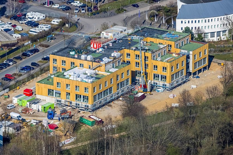 Aerial view, University of Witten / Herdecke, construction site new campus extension in timber construction, Annen, Witten, Ruhr area, North Rhine-Westphalia, Germany, construction work, construction area, building site, building plots, construction project, construction site, DE, Europe, timber construction, aerial photograph, aerial photography, aerial photography, new building, overview, bird's eye view, bird's eye view, overview