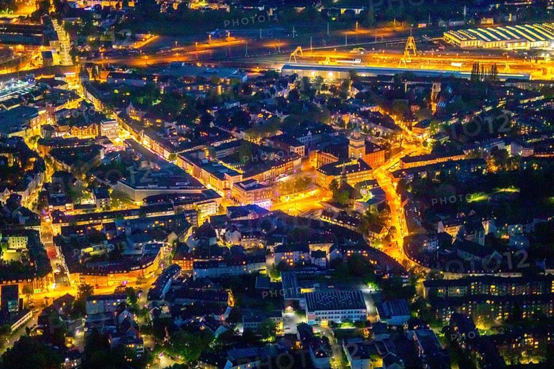 Aerial view, town hall and town hall square, St John's Church, Witten, Ruhr area, North Rhine-Westphalia, Germany, place of worship, authority, DE, twilight photography, Europe, religious community, place of worship, holy place, church, parish, denomination, light pollution, aerial view, aerial photography, aerial photography, night, night photography, night flight, town hall, religion, religious site, overview, bird's eye view, illuminated streets, birds-eyes view, nightflight, overview