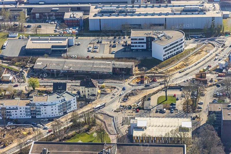 Aerial view, construction site reconstruction Pferdebachstraße, new construction cycle path bridge, health centre and medical centre, Alter Bahnhof Witten-Ost, Witten, Ruhr area, North Rhine-Westphalia, Germany, construction work, construction area, building site, building plots, construction project, construction site, bridge, DE, Europe, healthcare, aerial view, aerial photography, aerial photography, medical facility, medical aid, overview, bird's eye view, overview, medical care