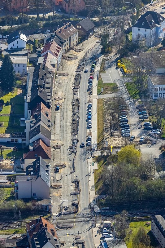 Aerial view, construction site reconstruction Pferdebachstraße with railway crossing Ziegelstraße, sunshine, Witten, Ruhr area, North Rhine-Westphalia, Germany, construction work, construction area, building site, building plots, construction measure, construction project, construction site, DE, Europe, aerial view, aerial photography, aerial photography, new construction, road traffic, overview, bird's eye view, overview