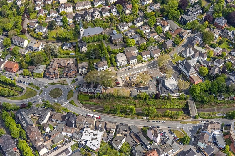 Aerial view, construction site at Kaiserstrasse, Lichtburg Stadtsaal, new roundabout, Wetter, Ruhr area, North Rhine-Westphalia, Germany, DE, Europe, roundabout, roundabout, culture, art, aerial view, aerial photography, aerial photography, overview, events, venue, event location, bird's eye view, birds-eyes view, cultural use, overview