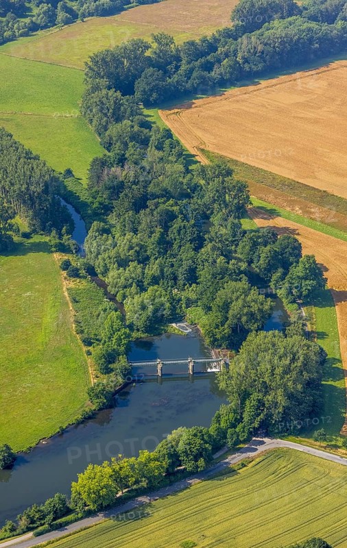 Aerial view, meadows and fields at the river Ruhr and Obergraben Am power plant, Wickede, Sauerland, North Rhine-Westphalia, Germany, DE, Europe, aerial view, aerial photography, aerial photography, overview, riverside forestation, bird's-eye view, overview