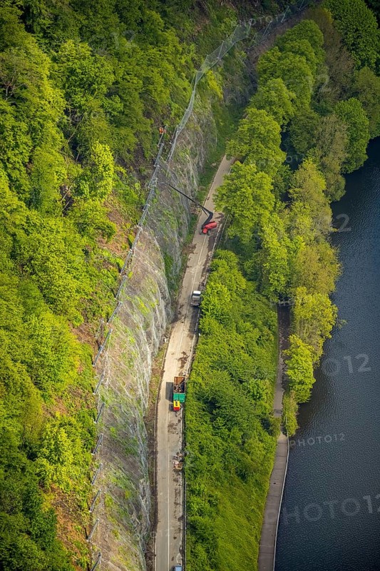 Aerial photo, rock protection fences and construction work on the closed cycling and hiking trail at Lake Harkort, Wetter, Ruhr area, North Rhine-Westphalia, Germany, DE, Europe, safety nets, rock protection fences, aerial photo, aerial photography, aerial photography, rock nets, overview, bird's-eye view, overview