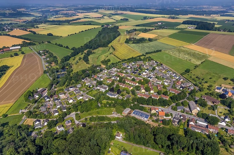 Aerial view, view of Wiehagen with meadows and fields, riding arena riding club Birkenbaum with solar roof, Wickede, Sauerland, North Rhine-Westphalia, Germany, DE, Europe, distant view, aerial view, aerial photography, aerial photography, overview, bird's-eye view, meadows and fields, birds-eyes view, overview