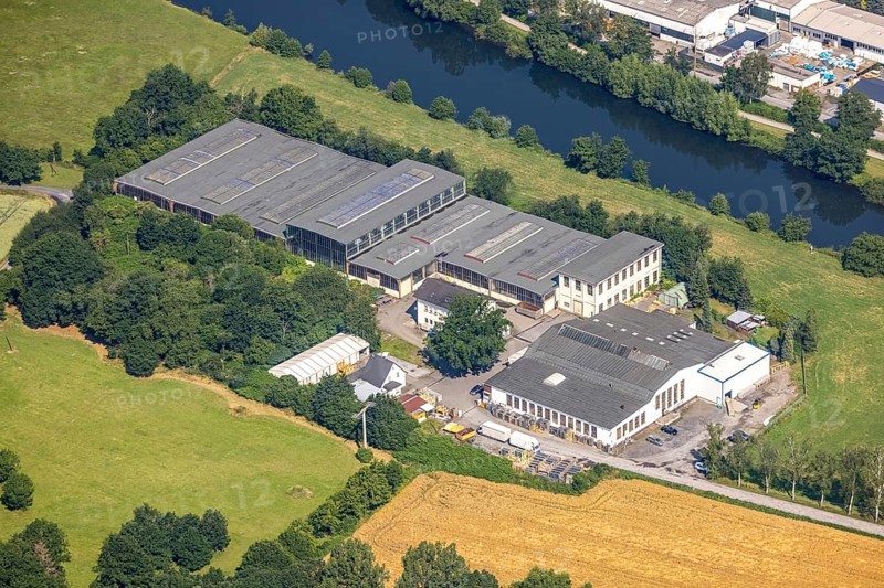 Aerial view, company premises Bongard Machines GmbH and Voß & Eiffert GmbH wire processing, Wimbern, Wickede, Sauerland, North Rhine-Westphalia, Germany, DE, Europe, commercial enterprises, commercial area, commercial park, commercial location, commercial use, industrial area, industrial building, industrial location, aerial photograph, aerial photography, aerial photography, overview, bird's-eye view, bird's-eye view, overview
