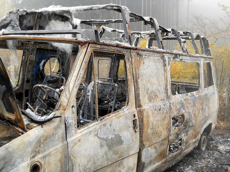 Bulli wreck after an arson attack. Burnt out on the roadside