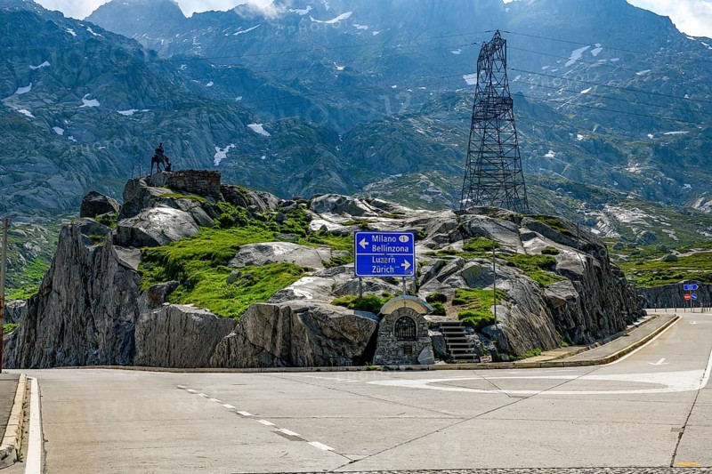 Gotthard pass summit with fork to the left Milan Bellinzona right Lucerne Zurich, Canton Uri, Switzerland