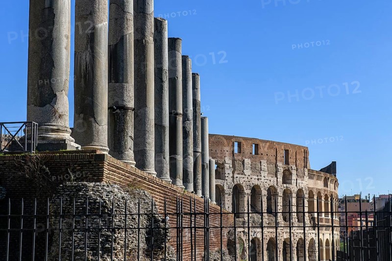 View past columns of Temple of Venus Temple of Venus on facade of upper tiers of Colosseum, Rome, Lazio, Italy