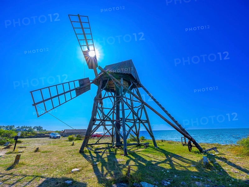 Historic grist mill, grinding mill, backlit, Jordhamn, Öland, Sweden