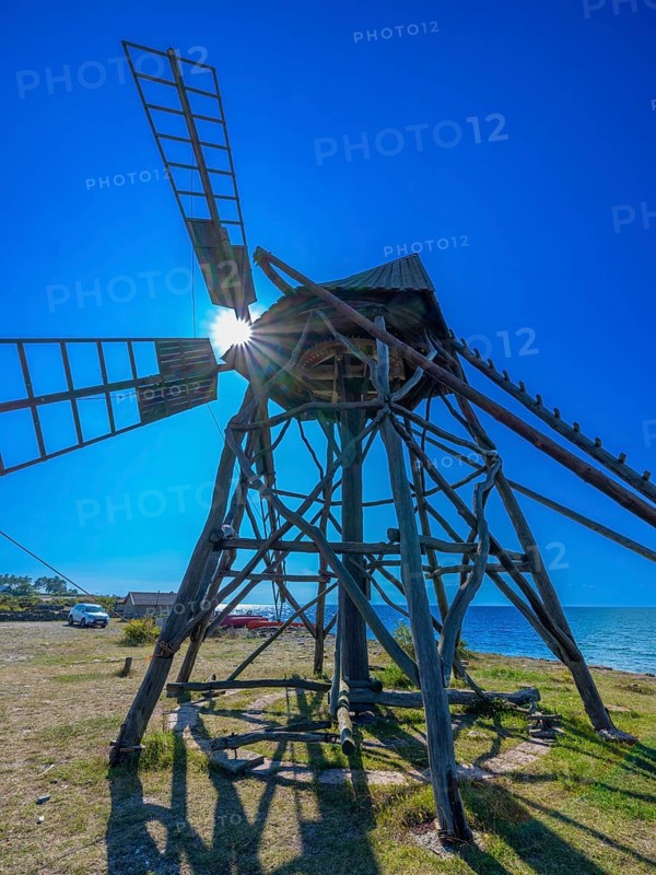 Historic grist mill, grinding mill, backlit, Jordhamn, Öland, Sweden