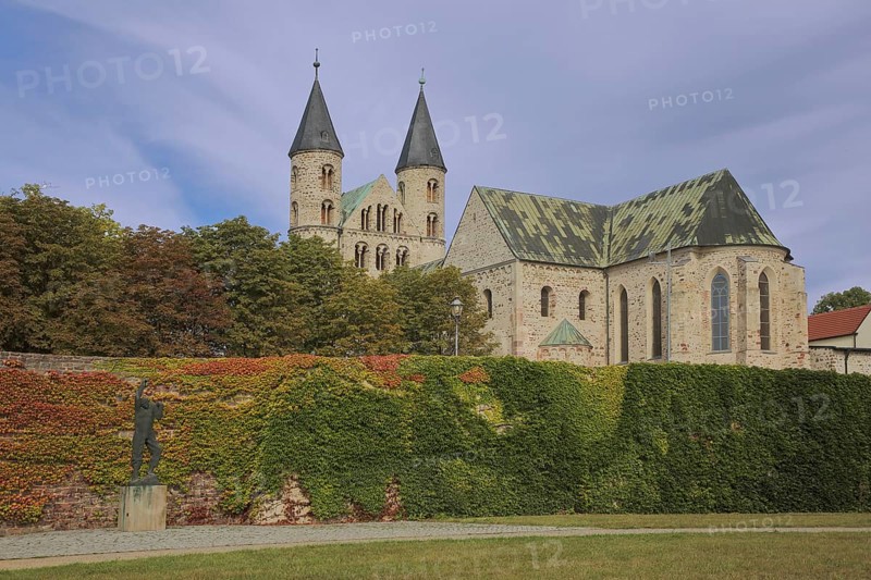 Romanesque church, art museum and Our Lady's Monastery with twin towers, sculpture park with sculpture, Magdeburg, Romanesque Road, Saxony-Anhalt, Germany