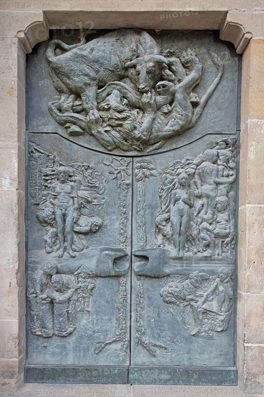 Church door by Waldemar Grzimek 1977, bronze sculptures, decorations, relief, modern art, bull figure, fighting animal figures, naked, male figure, female figure, shepherd, shepherd, art museum, Kloster Unser Lieben Frauen, Magdeburg, Romanesque Road, Saxony-Anhalt, Germany