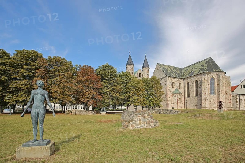 The Swimmer by Jenny Mucchi-Wiegmann 1968, modern art, bronze sculpture, life-size, standing female figure, Romanesque Church, Art Museum and Monastery of Our Lady with Twin Towers, Sculpture Park, Magdeburg, Romanesque Road, Saxony-Anhalt, Germany