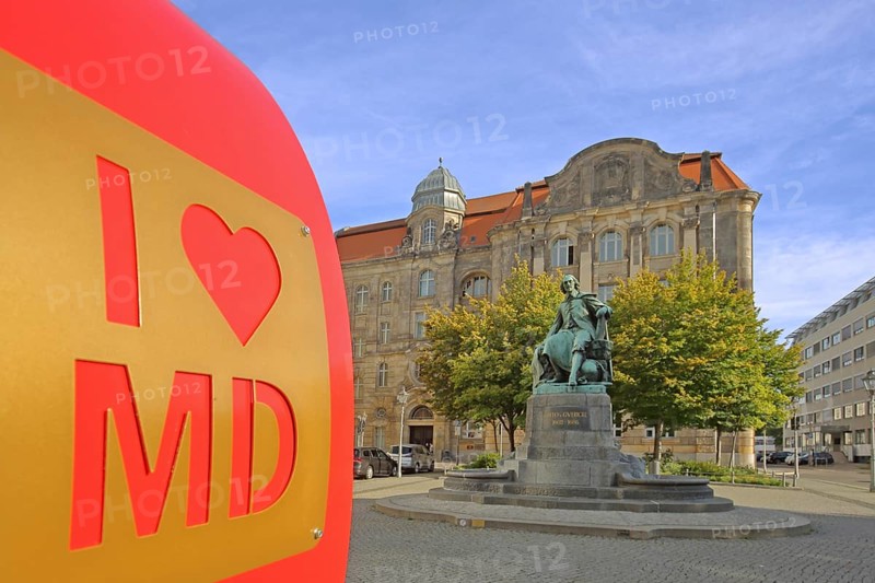 Red heart with I like MD and Otto von Guericke Fountain, monument, sculpture, inscription, heart-shaped, letter, sign, symbol for love, solidarity, love, perspective, abbreviation, letters, New Town Hall, Hauptwache, Magdeburg, Saxony-Anhalt, Germany