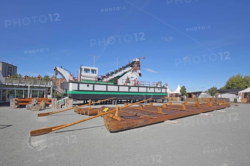 Raft with rudder and historic ship Taucherschacht II built in 1898, wooden construction, open-air museum, ship museum, museum harbour, commercial harbour, Magdeburg, Saxony-Anhalt, Germany