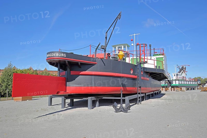 Historic ship Taucherschacht II built in 1898, rudder, stern, open-air museum, ship museum, museum harbour, commercial harbour, Magdeburg, Saxony-Anhalt, Germany