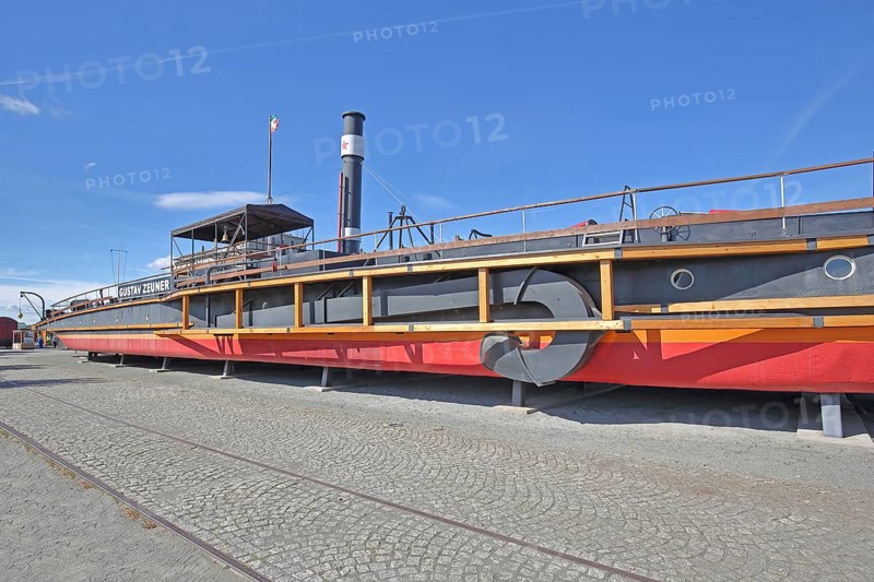 Historic tugboat Gustav Zeuner built in 1894, steamer, tugboat, open-air museum, inscription, ship museum, museum harbour, commercial harbour, Magdeburg, Saxony-Anhalt, Germany