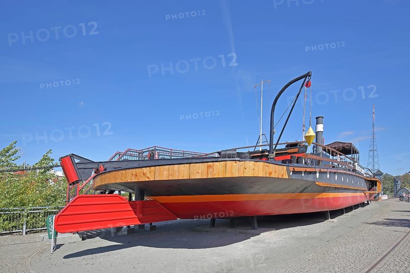 Historic tugboat Gustav Zeuner built in 1894, steamer, tugboat, stern, rudder, open-air museum, inscription, ship museum, museum harbour, commercial harbour, Magdeburg, Saxony-Anhalt, Germany