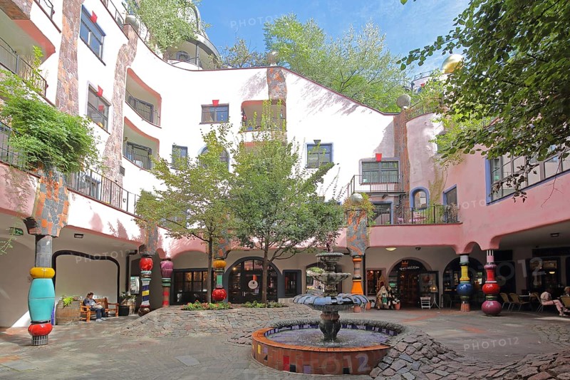 Inner courtyard with fountain, Green Citadel, Hundertwasser House, Magdeburg, Saxony-Anhalt, Germany