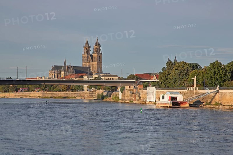 Cityscape with Gothic cathedral and New River Bridge, Elbe riverbank, Elbe, Magdeburg Cathedral, St. Katharina, Magdeburg, Saxony-Anhalt, Germany