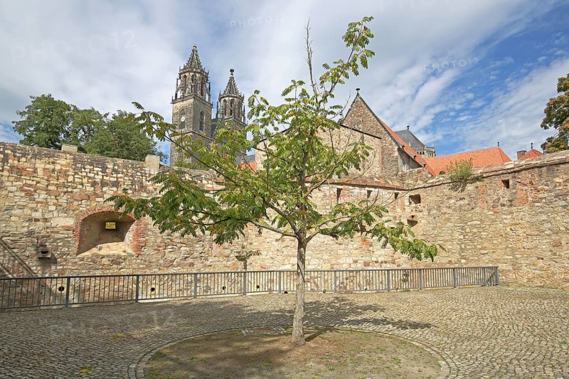 Medieval bastion Cleve with defence defence tower Cleve and Gothic Magdeburg Cathedral, St. Mauritius and St. Katharina, city fortifications, Fürstenwall, Magdeburg, Saxony-Anhalt, Germany