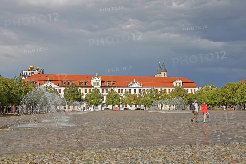 Baroque Winneberg Palace built in 1728 and Saxony-Anhalt State Parliament, water features, water fountains, pedestrians, light atmosphere, Cathedral Square, Magdeburg, Saxony-Anhalt, Germany
