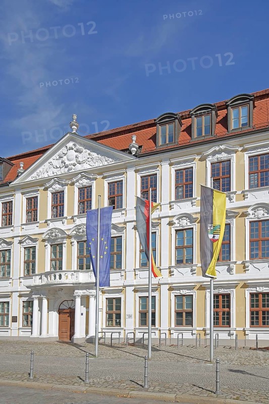 Baroque Winneberg Palace built in 1728 and Saxony-Anhalt State Parliament with EU flag, German national flag, city flag, Cathedral Square, Magdeburg, Saxony-Anhalt, Germany
