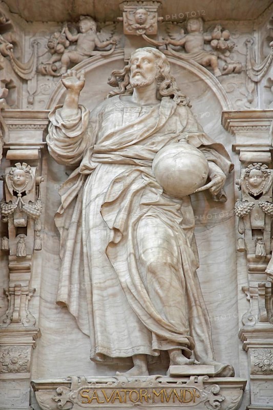 Decorations on the Renaissance pulpit by Christoph Kapup 1597 made of alabaster, Christ the Saviour carries the world, globe, Latin inscription, Salvator mundi, stonemasonry, art, craftsmanship, interior view, figure, relief, sculpture, St. Mauritius and St. Katharina, Magdeburg Cathedral, Magdeburg, Saxony-Anhalt, Germany