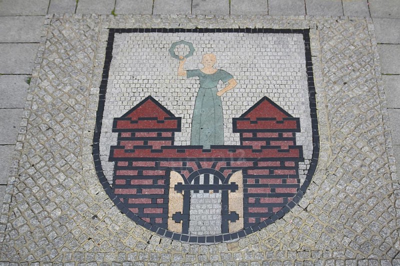City coat of arms, floor mosaic, paving stones, floor, Old Town Hall, Old Market Square, Magdeburg, Saxony-Anhalt, Germany