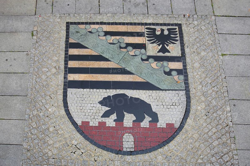 Saxony-Anhalt coat of arms, floor mosaic, paving stones, floor, Old Town Hall, Old Market, Magdeburg, Saxony-Anhalt, Germany